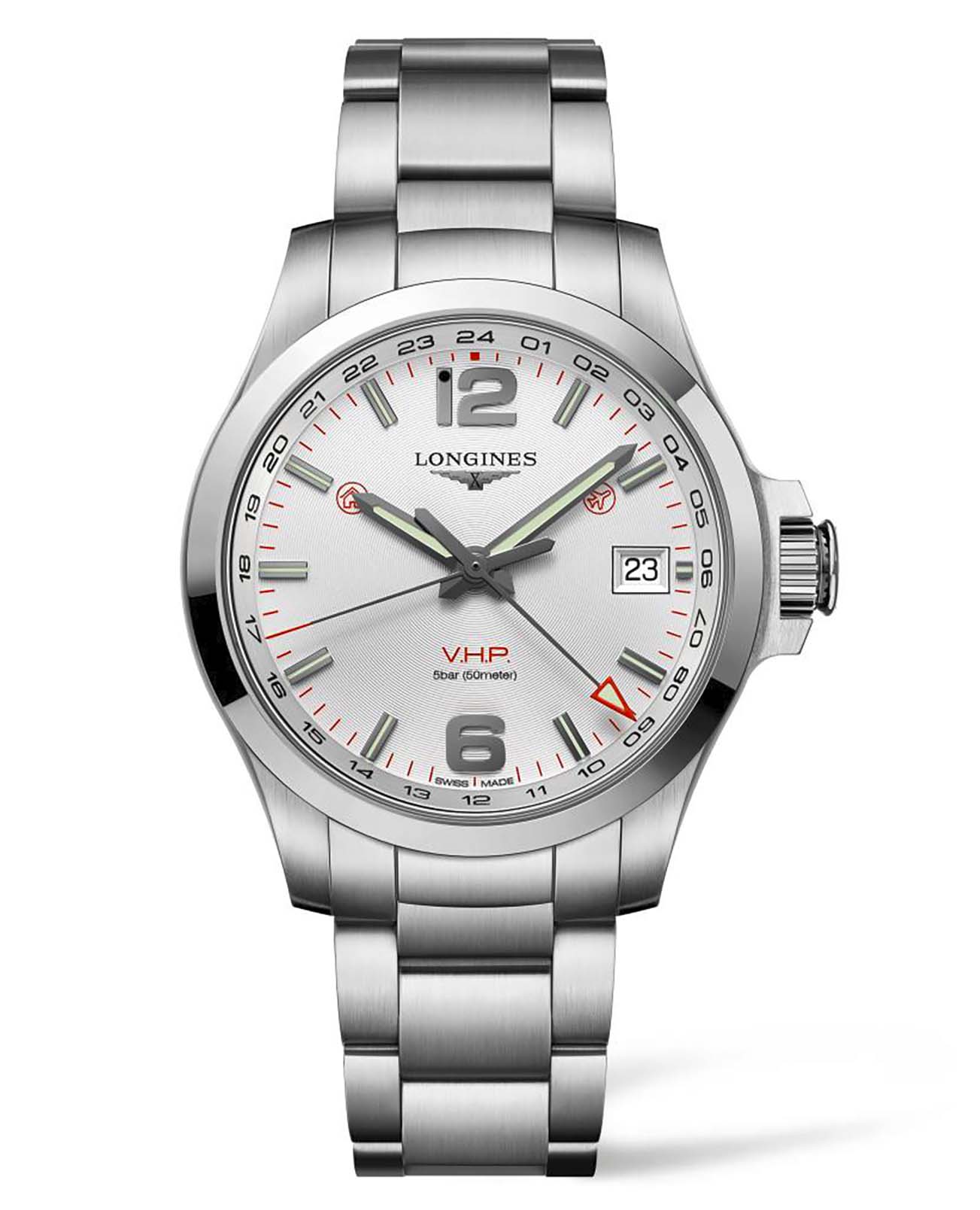 Longines Longines Conquest V.H.P. L3.718.4.76.6  L37184766 кварцевые мужские часы серебристый циферблат, браслет нержавеющая сталь — вид спереди